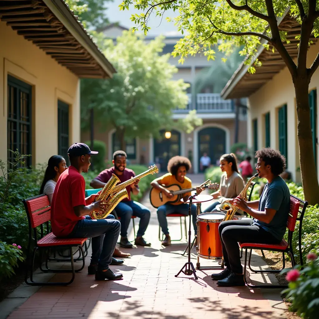Музыканты джаза исполняют живую музыку на углу улицы в Новом Орлеане.