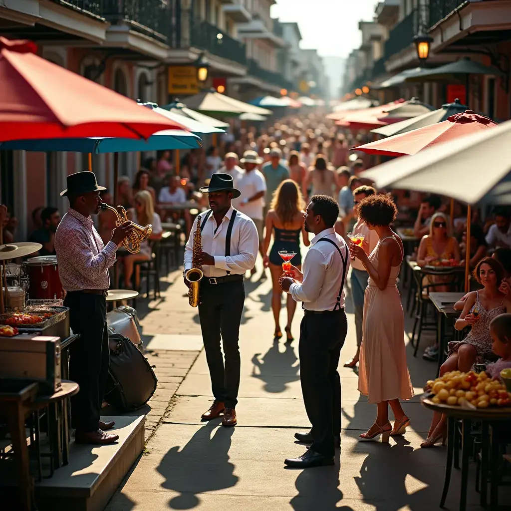 Живописная улица Французского квартала с традиционной архитектурой и уютными кафе.